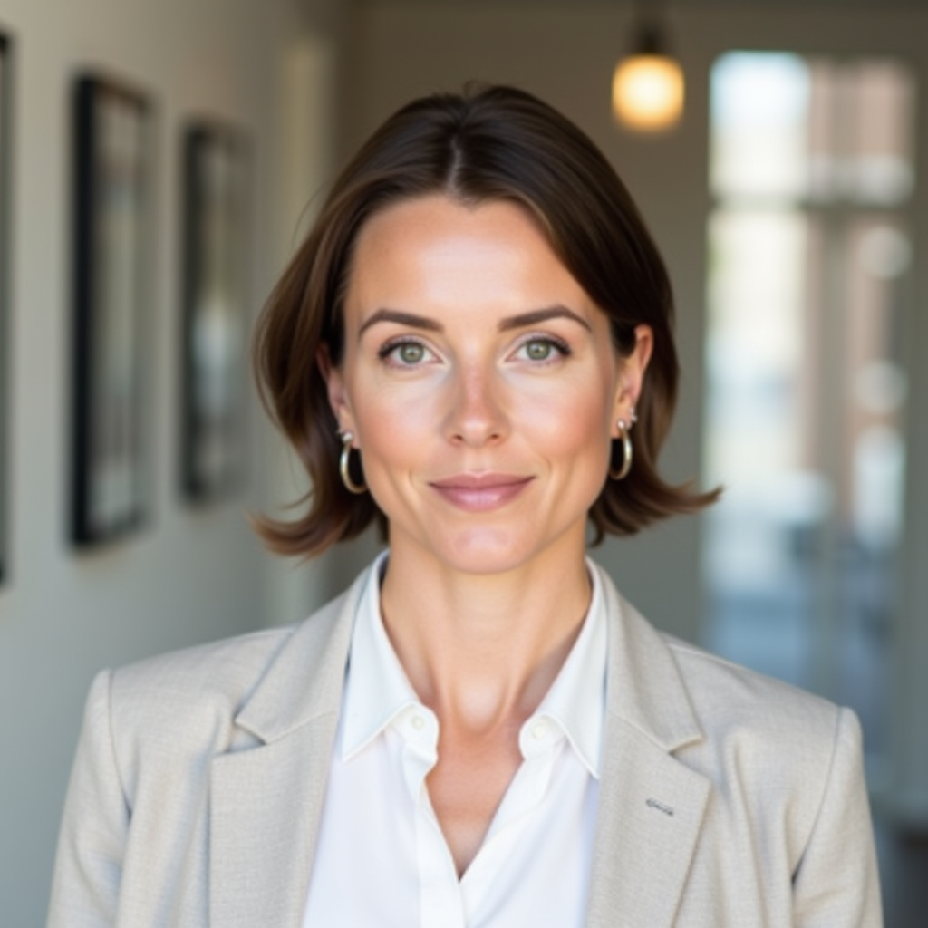 Porträt einer klinischen Psychologin mit kurzen braunen Haaren und silbernen Creolen. Sie trägt eine weisse Bluse unter einem hellen Blazer und blickt direkt in die Kamera. Im Hintergrund ist unscharf ein moderner Flur mit gerahmten Bildern und ein Fenster zu sehen – das Licht wirkt natürlich und freundlich.